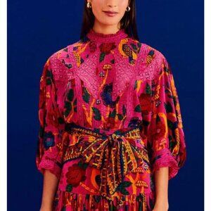 Farm Rio Tropical Lace Ruffle Top Blouse XS Hot Pink Multi Ruffle Pleats Puff